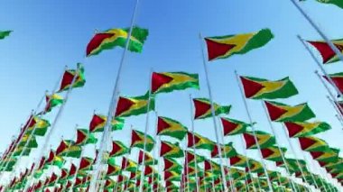 Guyana mavi gökyüzü karşı rüzgarda sallayarak 3d bayrakları. Üç boyutlu render animasyon.