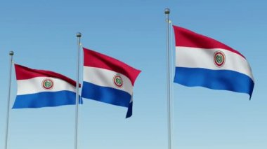 Üç bayrak mavi gökyüzü karşı rüzgarda üfleme Paraguay. Üç boyutlu render animasyon.