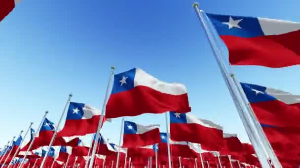 Flaggor Chile Vajade Vinden Mot Blå Himmel Tre Dimensionell Rendering — Stockvideo