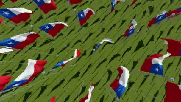 Chile Flaggor Blåser Vinden Det Gröna Fältet Visa Från Ovan — Stockvideo