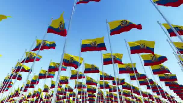 Muchas Banderas Ecuador Que Soplan Viento Contra Cielo Azul Día — Vídeo de stock