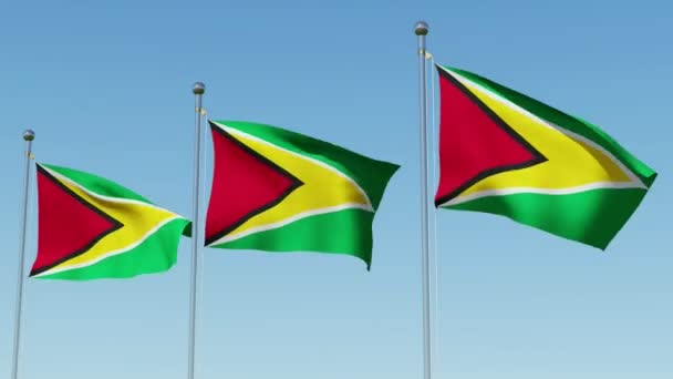 Três Bandeiras Guiana Soprando Vento Contra Céu Azul Animação Renderização — Vídeo de Stock