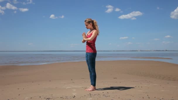 ビーチでヨガのバランス ポーズをしている女性 若い女性 背景の海のスポーツ服を着て — ストック動画
