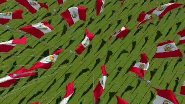 Banderas Perú Soplando Viento Campo Verde Vista Desde Arriba Animación — Vídeo de stock