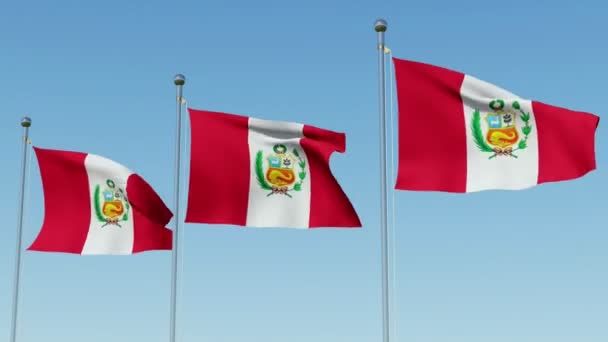Três Bandeiras Peru Soprando Vento Contra Céu Azul Animação Renderização — Vídeo de Stock