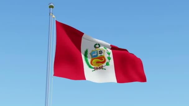 Vlag Van Peru Wuiven Wind Tegen Blauwe Hemel Drie Dimensionale — Stockvideo