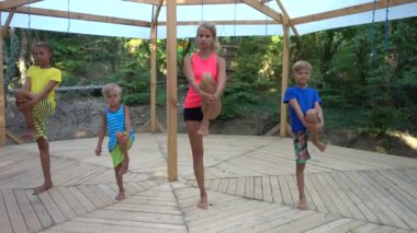 Çocuklar yoga kadın öğretmen eğitim çocuklar, pratik yoga, açık havada denge poz ayakta