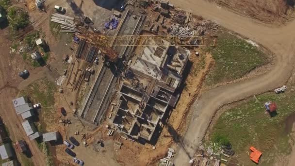 Top View Unfinished Building Aerial Drone Camera Moves Show Construction — Stock Video