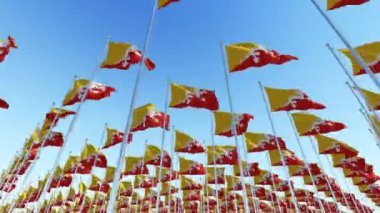 Birçok ulusal bayrakları Bhutan Krallığı mavi gökyüzü karşı. Üç boyutlu 3d animasyon oluşturma.