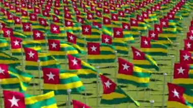 Togo yeşil alanda birçok bayrakları. Üç boyutlu 3d animasyon oluşturma.