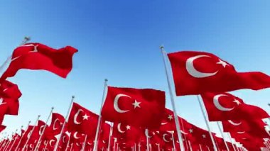 Birçok ulusal bayrakları Türkiye'nin mavi gökyüzü karşı. Üç boyutlu 3d animasyon oluşturma.