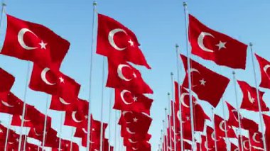 Birçok bayrak direkleri mavi gökyüzü karşı bir satırlardaki rüzgar bayrağı sallayarak Türkiye'nin. Üç boyutlu render animasyon.