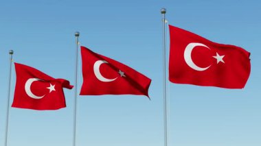 Türkiye'de mavi gökyüzü karşı rüzgarda sallayarak üç 3d bayrak. Üç boyutlu render animasyon.
