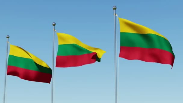 Three Flag Lithuania Waving Wind Blue Sky Three Dimensional Rendering — Stock Video