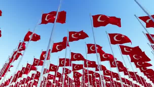 Muitas Bandeiras Turquia Agitam Vento Pólos Bandeira Contra Céu Azul — Vídeo de Stock