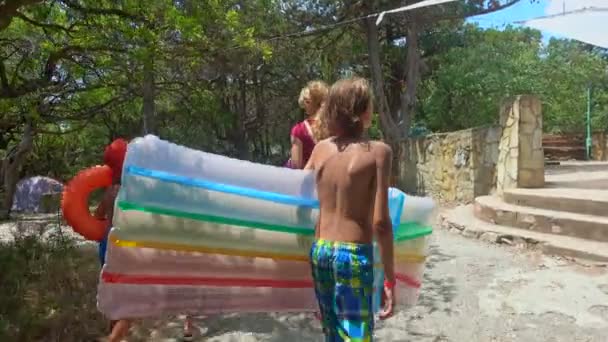 Mutter Und Drei Kinder Mit Schwimmausrüstung Gehen Auf Die Aussichtsplattform — Stockvideo