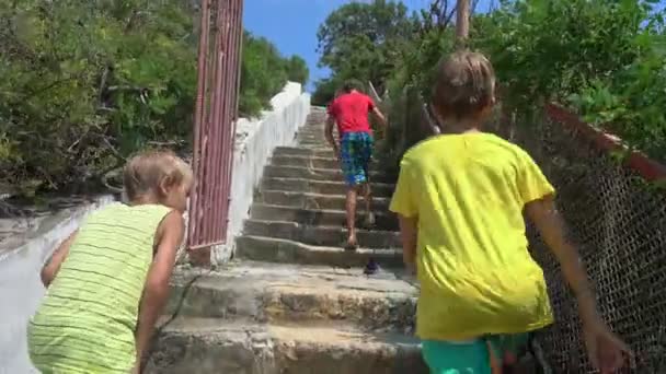 Drei Jungen Sind Brüder Die Nach Dem Schwimmen Strand Zurückkehren — Stockvideo