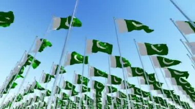 Pakistan bayrak direkleri mavi gökyüzü karşı birçok bayrakları. Üç boyutlu 3d animasyon oluşturma.