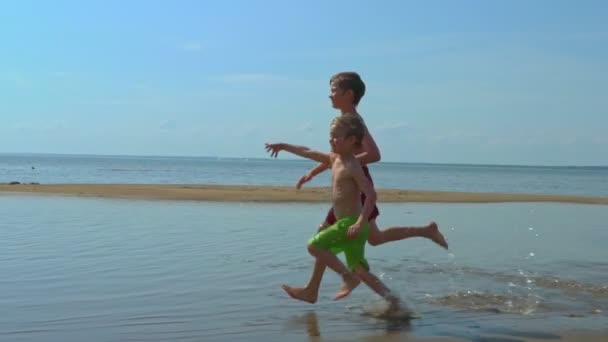 Glückliche Kinder Die Strand Laufen Sommerferienjungen Spielen Zusammen — Stockvideo