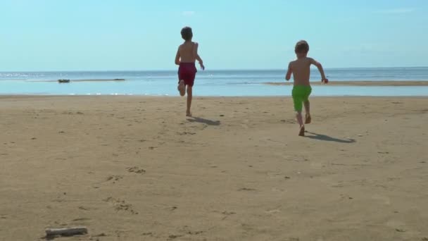快乐的男孩跑到海边的海滩上 暑假孩子们一起玩耍 — 图库视频影像
