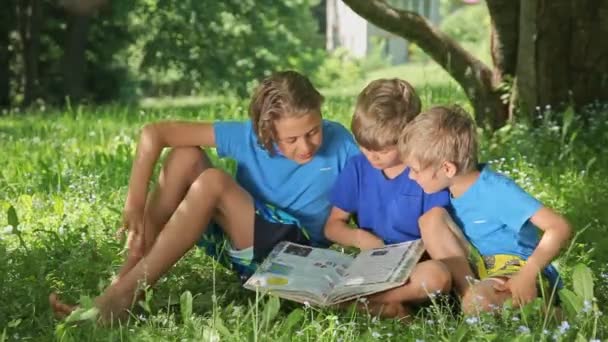 Children Sitting Green Grass Reading Book Sunny Spring Day — Stock Video