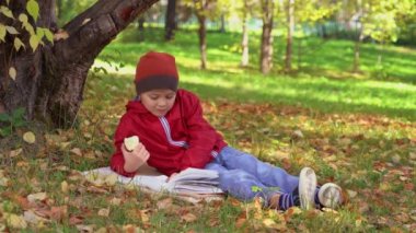 Küçük çocuk yeme elma ve düşen yapraklar ve yeşil çim sonbahar bir arka plan üzerinde kitap okumak.