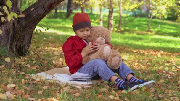 小孩子抱着泰迪熊 吃苹果 在秋天的公园里看书 带着落叶和绿草 — 图库视频影像