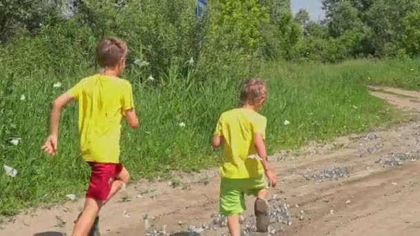 Crianças Correm Uma Estrada Terra Com Borboletas Câmera Lenta — Vídeo de Stock