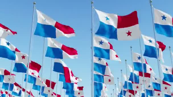 Πολλοί Παναμά Σημαία Κυματίζει Κατά Καθαρό Μπλε Ουρανό Τρισδιάστατη Απόδοση — Αρχείο Βίντεο