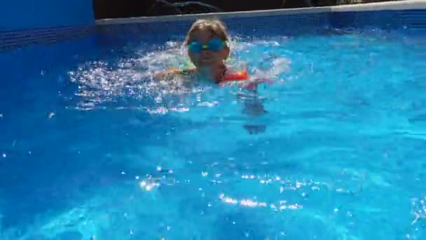 Criança Pequena Mangas Infláveis Aprendendo Nadar Piscina Dia Ensolarado Quente — Vídeo de Stock