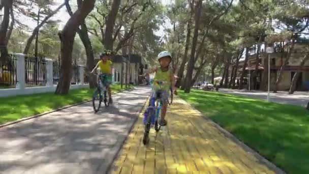 Drie Jongens Jonge Vrouw Rit Fietsen Langs Het Fietspad Stadspark — Stockvideo