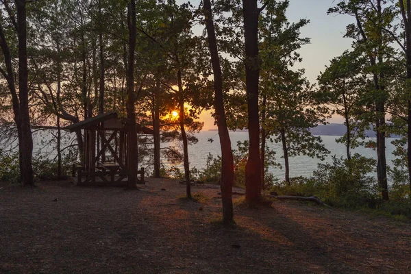 Schöne Landschaft Bei Sonnenuntergang Mit Bäumen Und Blauem Meer Holzlaube — Stockfoto