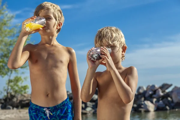 Entzückend Glückliche Kinder Entspannende Jungen Und Trinkende Fruchtsäfte Sonnigen Tagen — Stockfoto