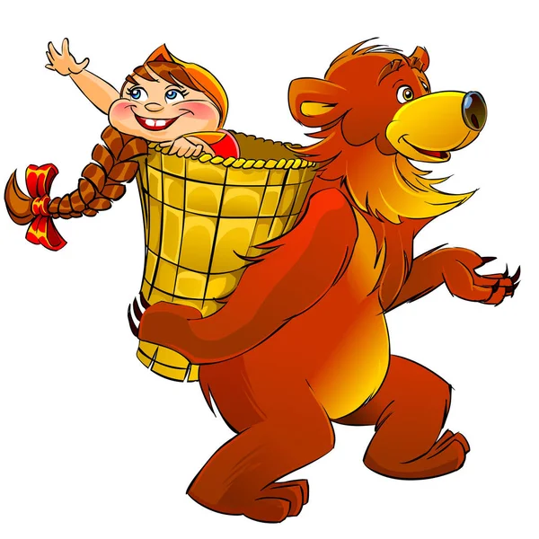 Funny Bear Draagt Een Meisje Geïsoleerd Witte Backround Illustratie Van — Stockfoto