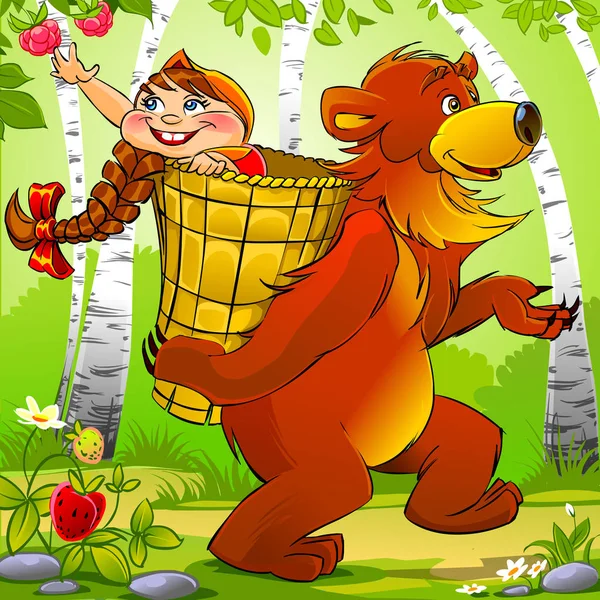 Zabawny Niedźwiedź Nosi Dziewczynę Lesie Ilustracja Rosyjskiej Opowieści Ludowej Masza — Zdjęcie stockowe