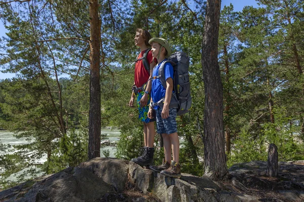 Smiling Boys Backpacks Stand Stones Pines Look Beautiful Landscape Mountain — Stock Photo, Image