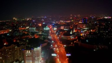 Hava Novosibirsk Şehir Işıklı Modern Gece Görüntüleri Drone 