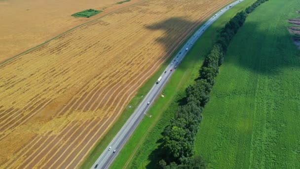 Aerial View Rural Road Countryside Cars Racing Sunny Day Green — Stock Video