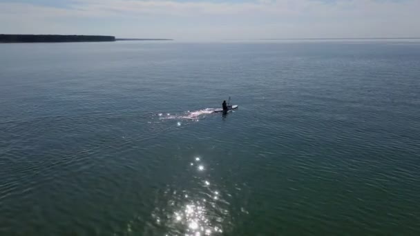 Luchtfoto Van Tiener Jongen Zittend Paddleboard Gezonde Levensstijl Watersport Sup — Stockvideo