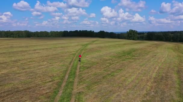 Aerial Flying Boy Riding Bicycle Rutted Road Fields Countryside Kid — Stock Video