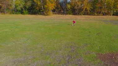 Güneşli bir sonbahar gününde yeşil alanda futbol ya da futbol oynayan küçük bir çocuk.