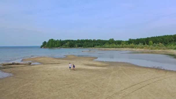 Boys Playing Soccer Ball Sand Beach Sunny Summer Day Aerial — Stock Video