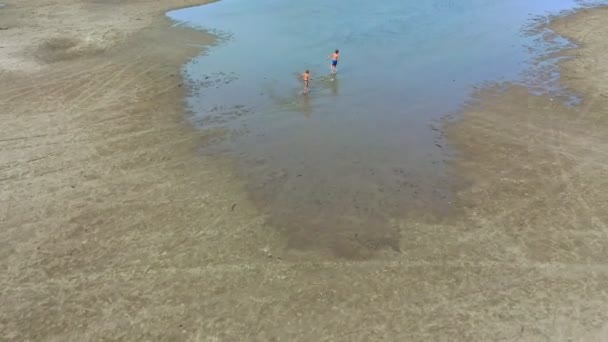 孩子们在沙滩上奔跑的空中景象 — 图库视频影像