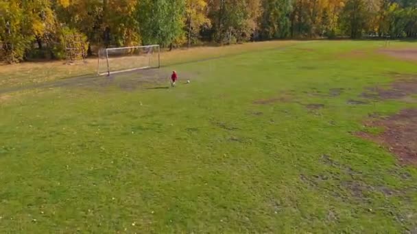 Мальчик Тренируется Футбол Футбол Стадионе Солнечный Осенний День Вид Воздуха — стоковое видео