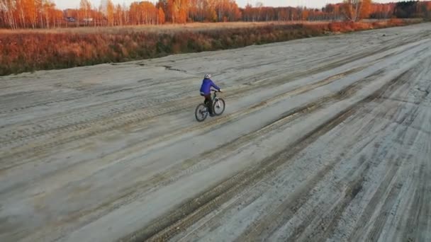 Vista Aérea Niño Montando Bicicleta Carretera Con Coloridos Árboles Follaje — Vídeos de Stock