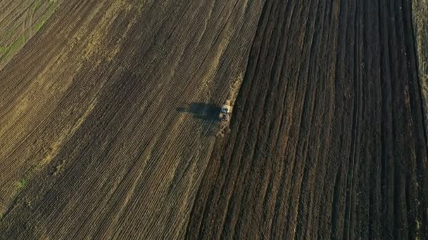 Αεροφωτογραφία Ελκυστήρες Όργωμα Χωράφια Προετοιμασία Γης Για Σπορά Ηλιόλουστη Ημέρα — Αρχείο Βίντεο
