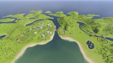 Video game city. 3D Cartoon Landscape, Miniature Toy Town, Vintage Cars, orange Helicopter Flying in the Air, Cartoon light blue airplane, Red Charming Cartoon Train on Tracks.