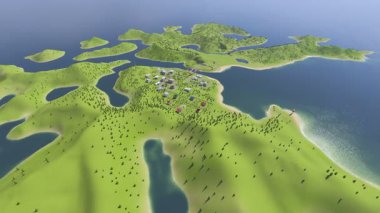 Video game city. 3D Cartoon Landscape, Miniature Toy Town, Vintage Cars, orange Helicopter Flying in the Air, Cartoon light blue airplane, Red Charming Cartoon Train on Tracks.