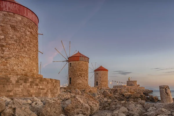 Długa Ekspozycja Fotografia Fortu Mikołaja Wiatraki Rodos Miasto Historycznej Greckiej — Zdjęcie stockowe