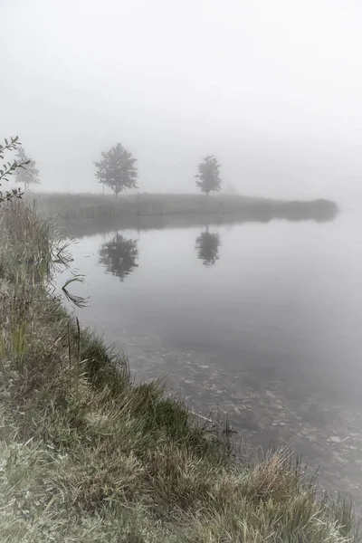 Foggy Morning Small Lake Shore — Stock Photo, Image